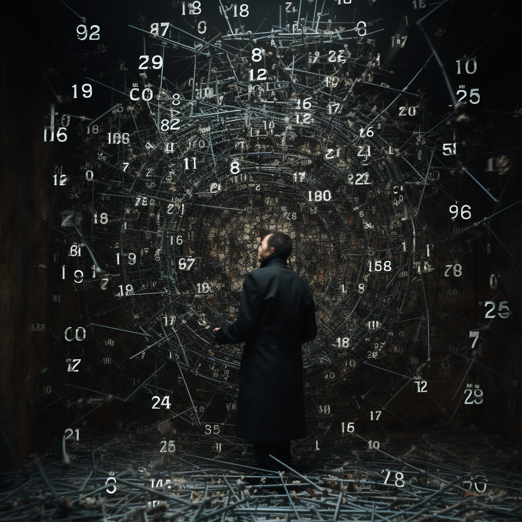 man standing around numbers floating in the air, cracking the code