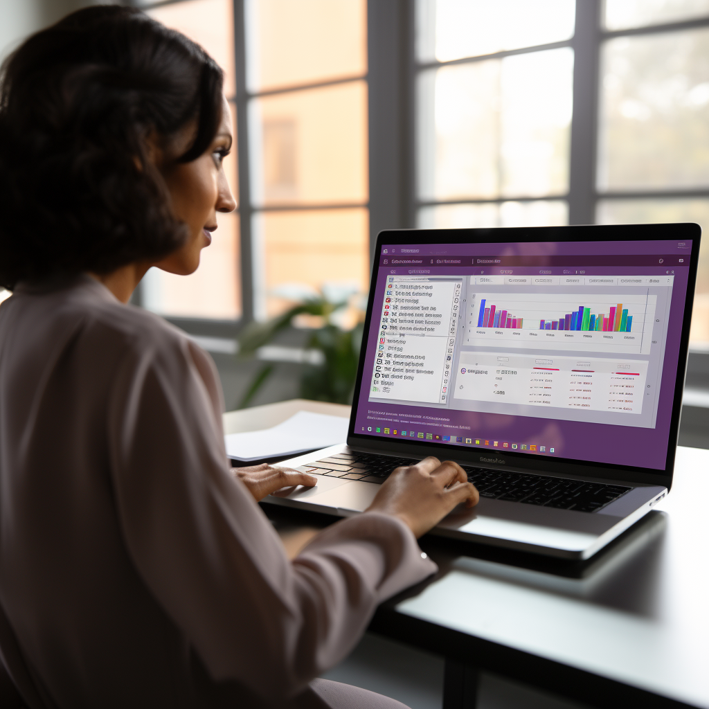 A Virtual Assistant who works for top entrepreneurs, sits at a desk, typing on her laptop